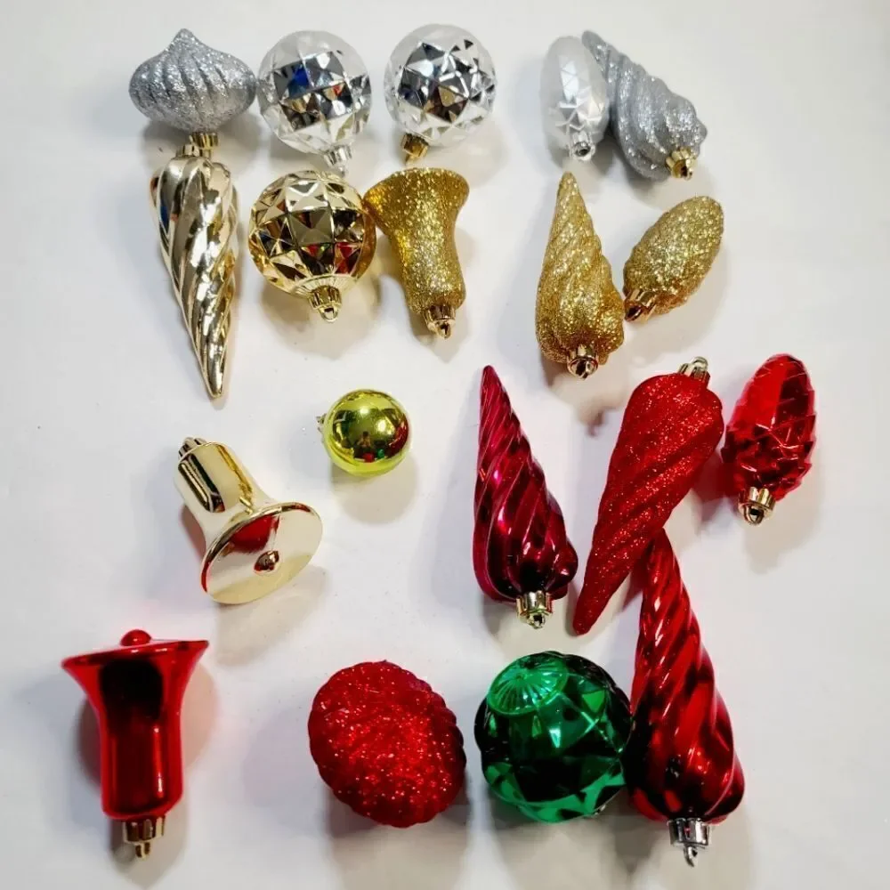 Bundle lot of 19 Christmas Tree Ornaments Metallic Silver Gold Red Green